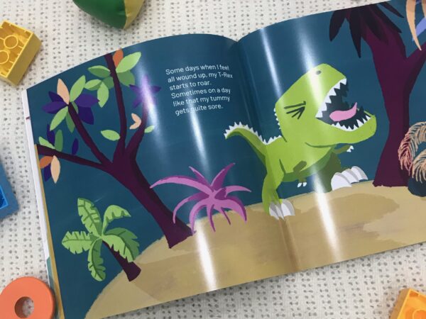 [Colourful image of two pages from There's a T-Rex in my Tummy showing a T-Rex who is feeling stressed. The dinosaur is a bright greed, and the background has trees and a dark sky]